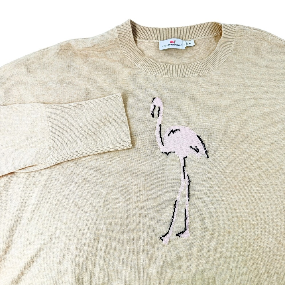 Vineyard Vines Women XL Tan Beige Flamingo Intarsia Knit Crew Neck Sweater